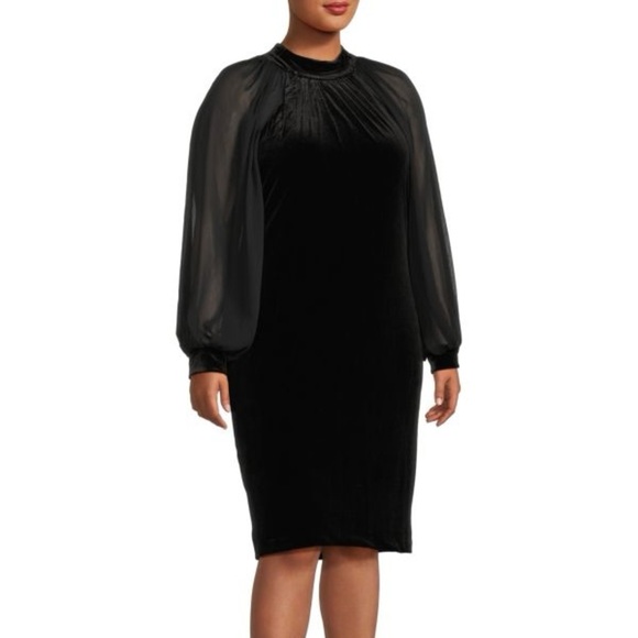 New Calvin Klein Velour Velvet Black Puff Sleeve Knee Dress 18W Whimsygoth Holid - Picture 1 of 11